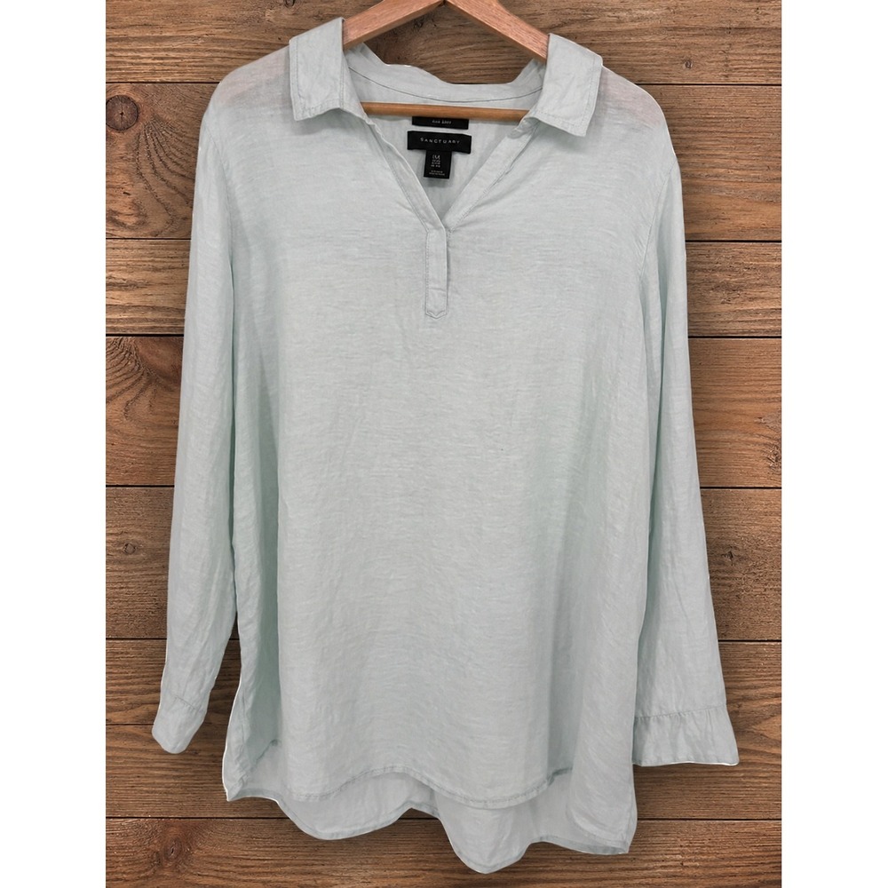 Tahari Linen Tunic Women 1X Mint Blue Long Sleeve Back Button Detail V-Neck